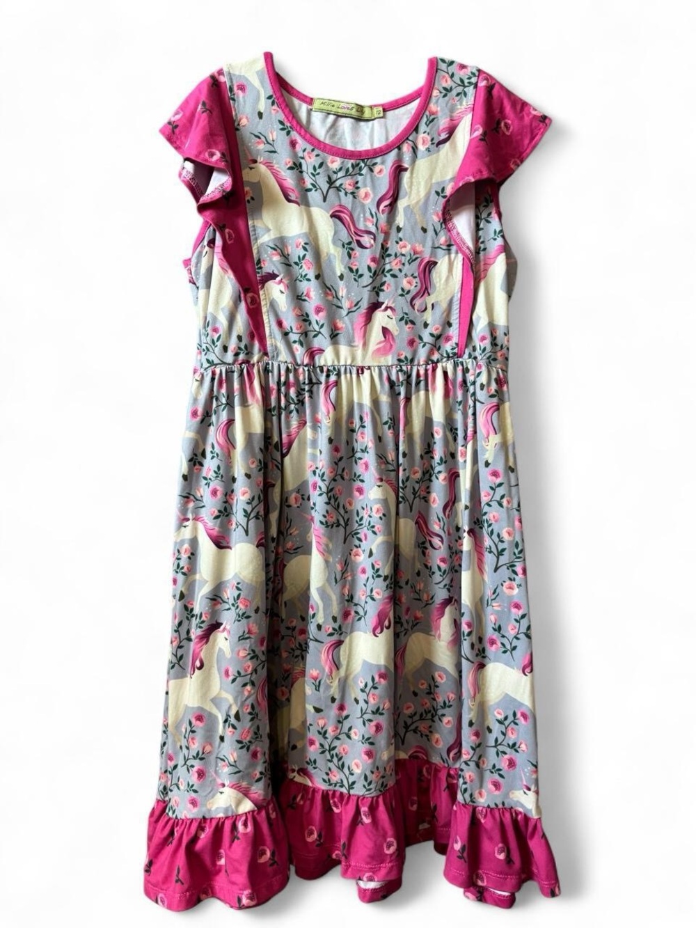 Girls Unicorn Flutter-Sleeve Dress in Pink and Cream